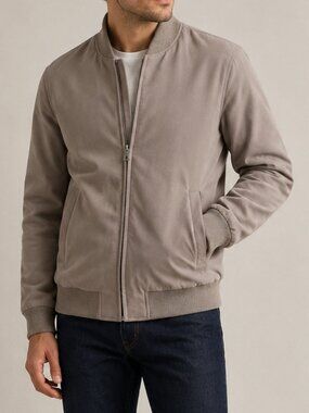 Roundtree & Yorke Men's Microfiber Bomber Jacket Tan Beige Full Zip Size M